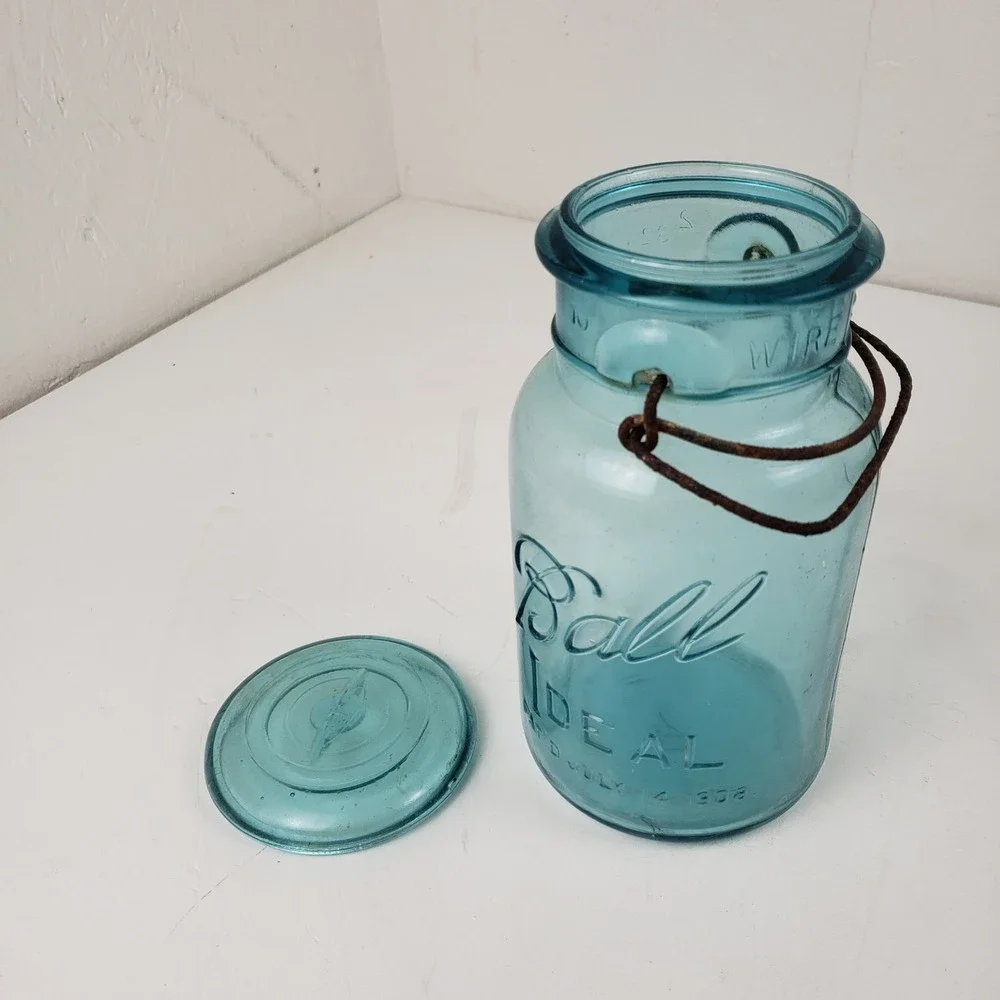Vintage Ball Ideal Aqua Blue Glass Canning Jar Patent July 14 1908 Wire Bail Lid
